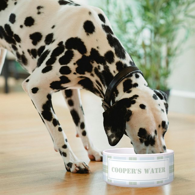 Classic Blue Green Plaid Pattern Name Dog Water Bowl (Creator Uploaded)