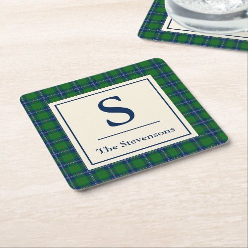 Classic Blue Green Tartan Plaid Personalized   Square Paper Coaster