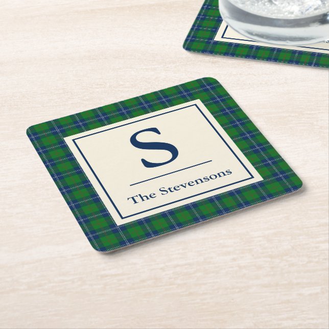 Classic Blue Green Tartan Plaid Personalized   Square Paper Coaster (Angled)
