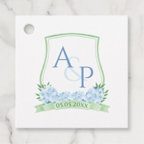 Classic Blue Green Watercolor Floral Wedding Crest Favor Tags