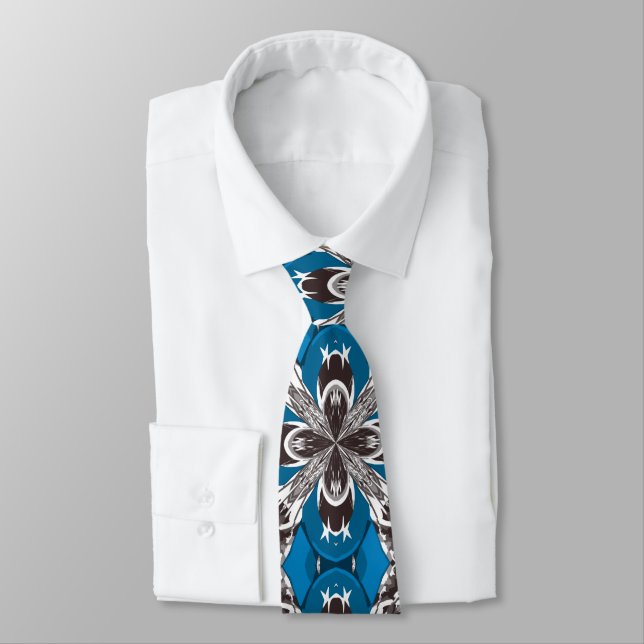 Classic Blue Grey and White Repeat Tile Pattern Neck Tie (Tied)