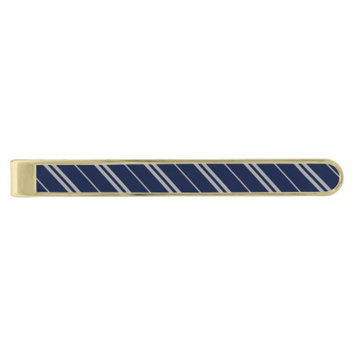Classic Blue Grey School Stripes Pattern Gold Finish Tie Bar