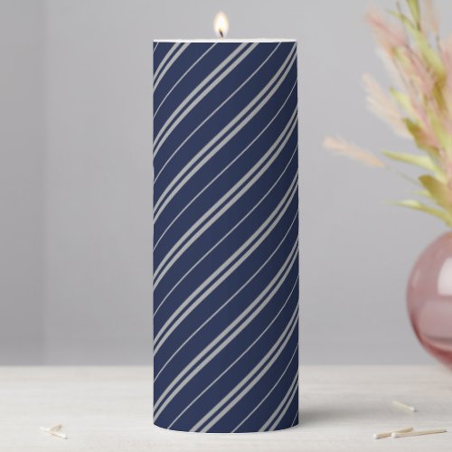 Classic Blue Grey School Stripes Pattern Pillar Candle