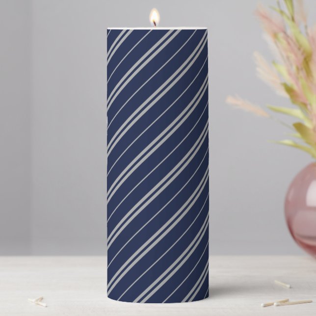 Classic Blue Grey School Stripes Pattern Pillar Candle (In Situ)
