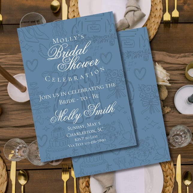 Classic Blue Hand Drawn Wedding Bridal Shower Invitation (Classic Wedding Sketch Art invite with modern font – perfect for engagement or bridal celebrations!)