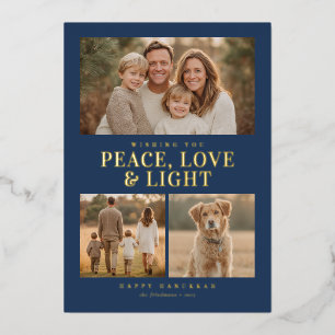 Classic Blue Hanukkah Peace & Light Photo Collage Foil Holiday Card