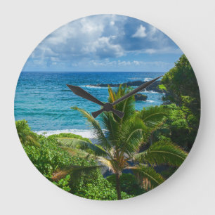 Classic Blue Hawaii Tropical Island Sea Palms Large Clock