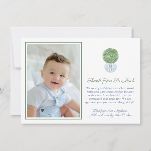 Classic Blue Hunter Green Greek Key Family Photo Thank You Card - Elegant thank you card with potted Boxwood bush in ginger jar planter with green and white "Greek Key" pattern backer. You can change all text colors and the color of the photo frame by by entering the design tool ("click to customize further" underneath the text customization boxes). On the reverse, you can change the green to any other color you want by entering the design tool.