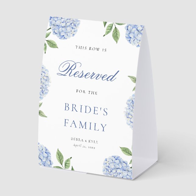 Classic Blue Hydrangea Border Wedding Reserved Row Paper Table Tent (Front)