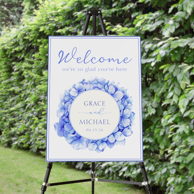 Classic Blue Hydrangea Floral Wedding Welcome Sign (Embrace the timeless elegance of blue hydrangeas with this watercolor wedding welcome sign.)