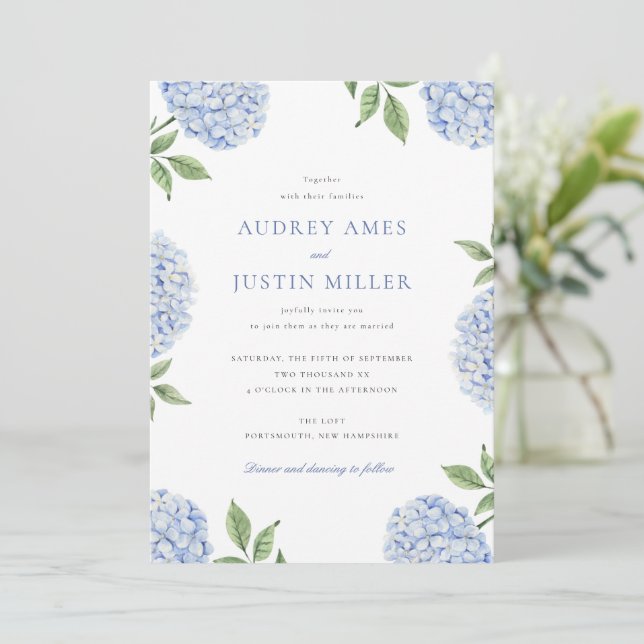 Classic Blue Hydrangea Flower Wedding Invitation (Standing Front)