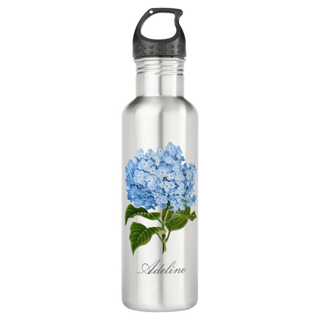 Classic Blue Hydrangea Flower with Name Stainless Steel Water Bottle (Front)