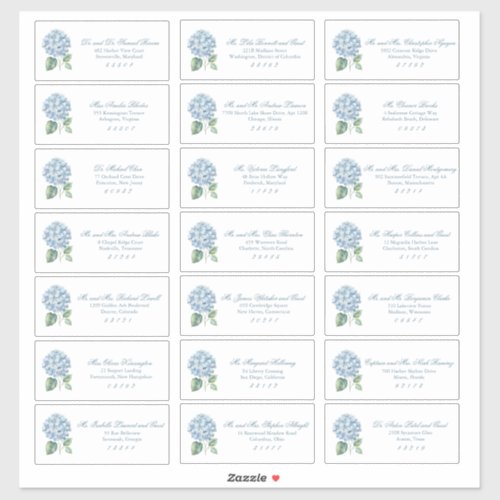 Classic Blue Hydrangea Wedding Guest Address Sticker