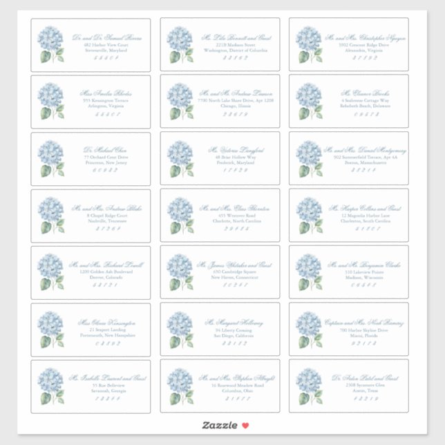 Classic Blue Hydrangea Wedding Guest Address Sticker (Sheet)