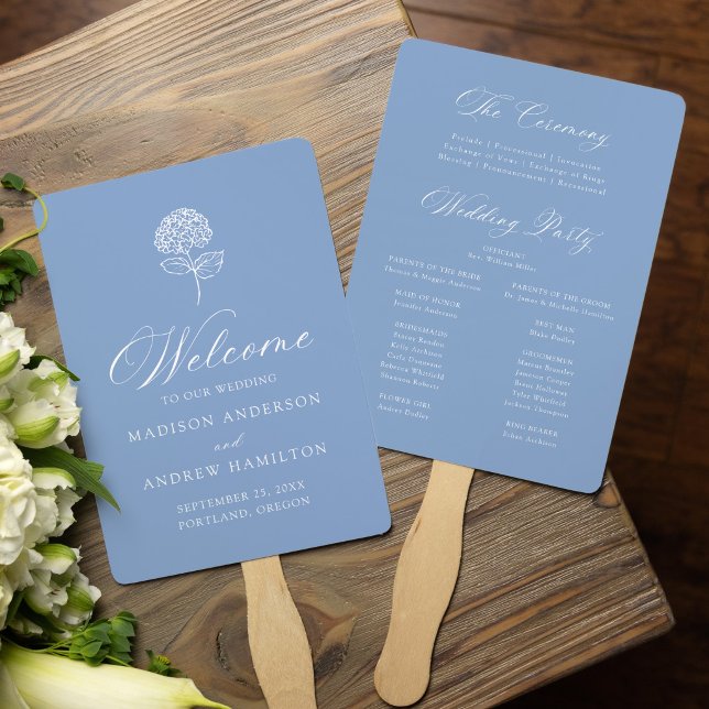 Classic Blue Hydrangea Wedding Program Hand Fan (Creator Uploaded)