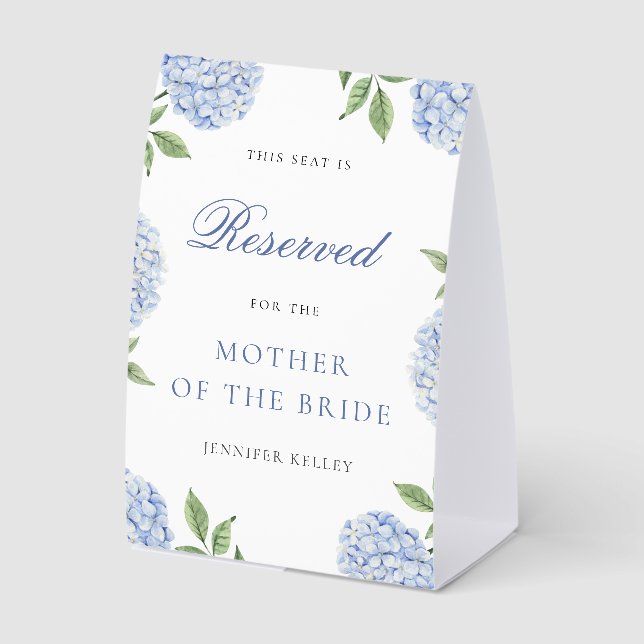 Classic Blue Hydrangea Wedding Reserved Seat Paper Table Tent (Front)