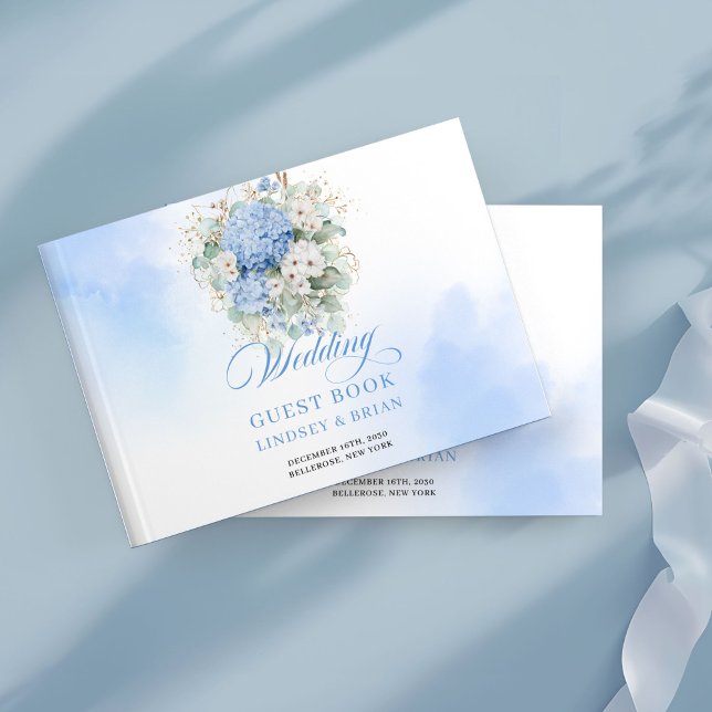Classic blue hydrangeas eucalyptus gold wedding  guest book (Classic blue hydrangeas eucalyptus gold wedding guest book

)