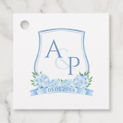 Classic Blue Hydrangeas Monogram Wedding Crest Favor Tags