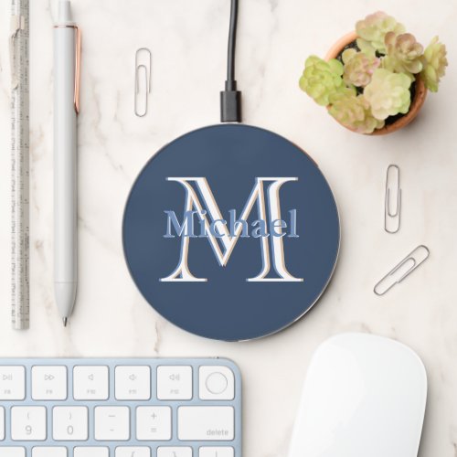 Classic Blue I Custom Tri_Color Monogram and Name  Wireless Charger