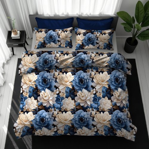 Classic Blue Ivory Flowers Duvet Cover Elegant Dec