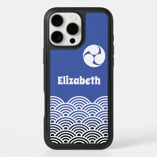 Classic Blue Japanese Wave Pattern Personalized Otterbox iPhone Case (Back)