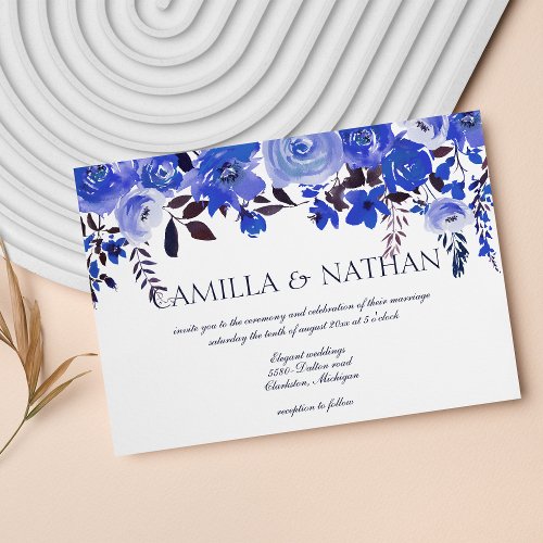 Classic Blue lavender Floral Formal Script Wedding Invitation