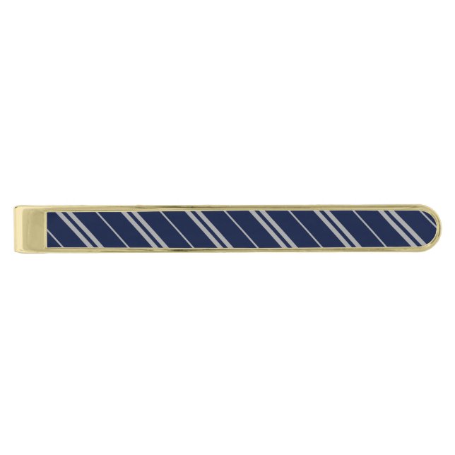 Classic Blue Light Grey School Stripes Pattern Gold Finish Tie Bar (Front)