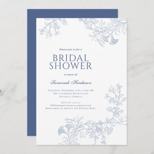 Classic Blue Line Drawn Floral Bridal Shower  Invitation