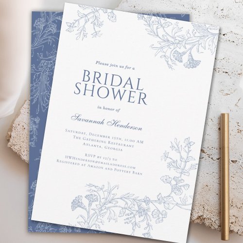 Classic Blue Line Drawn Floral Bridal Shower  Invitation