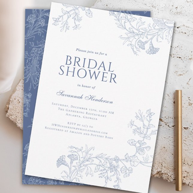 Classic Blue Line Drawn Floral Bridal Shower  Invitation (Creator Uploaded)