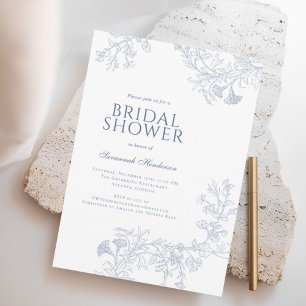 Classic Blue Line Drawn Floral Bridal Shower  Invitation