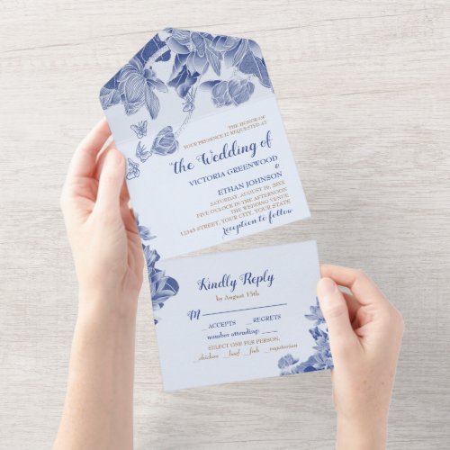 Classic Blue Lotus Floral Elegant Chinoiserie Chic All In One Invitation