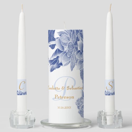 Classic Blue Lotus Flowers Chinoiserie  Unity Candle Set