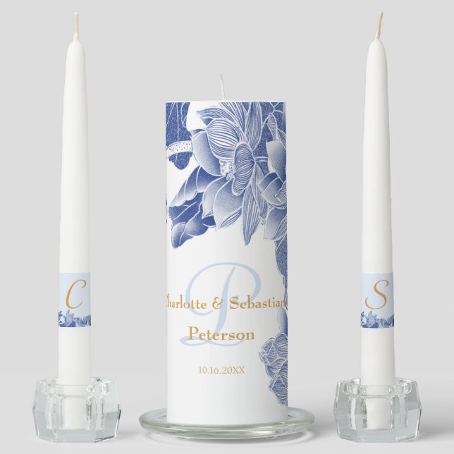 Classic Blue Lotus Flowers Chinoiserie  Unity Candle Set (Front)