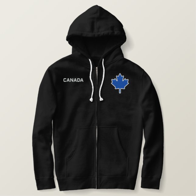 Classic Blue Maple Leaf on Black Embroidered Hoodie (Design Front)