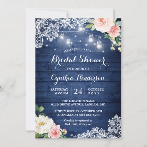 Classic Blue Mason Jar Lights Floral Bridal Shower Invitation - Celebrate the bride-to-be with this Beautiful Rustic Bridal Shower Invitation that features Blush Pink Flowers with Mason Jars Lights, a classic blue wood grain background and Lace Decor on  the corner. It's easy to customize this design to be uniquely yours. For further customization, please click on the "customize further" link and use our design tool to modify this template. If you need help or matching items, please contact me.