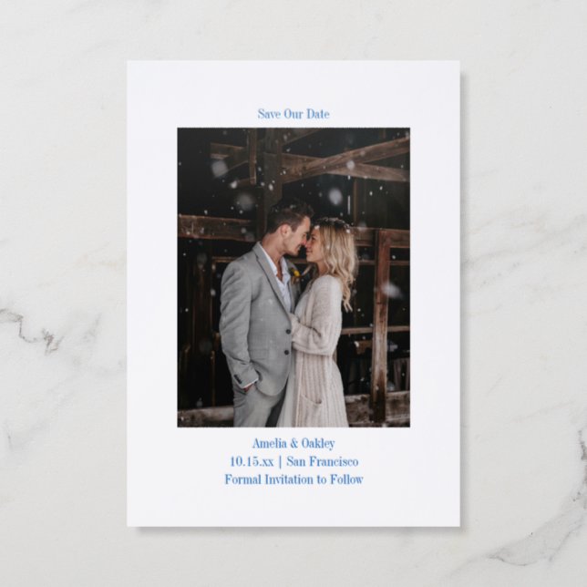 Classic Blue Minimalist Wedding Save the Date Letterpress Photo Cards (Front)