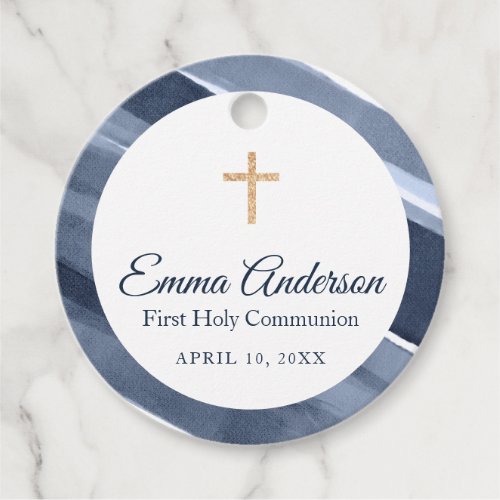 Classic blue modern 1st Communion Baptism Favor Tags