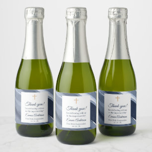 Classic blue modern 1st Communion, Baptism Favors Sparkling Wine Label