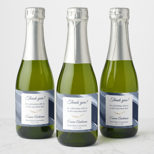 Classic blue modern 1st Communion, Baptism Favors Sparkling Wine Label (Bottles)