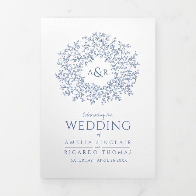 Classic blue monogram art story dedication wedding Tri-Fold program (Cover)