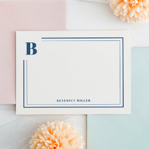 Classic Blue Monogram Border Stationery Note Card