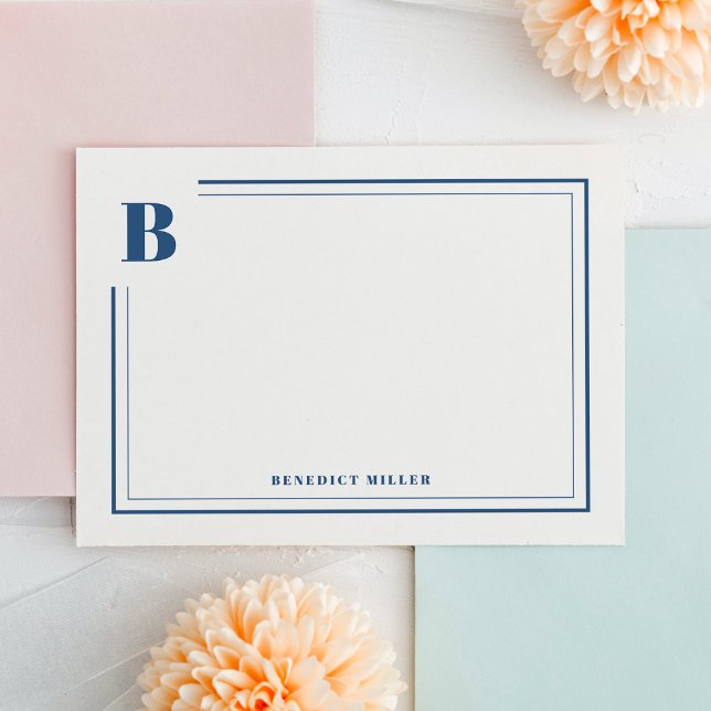 Classic Blue Monogram Border Stationery Note Card (Creator Uploaded)