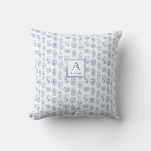 Classic Blue Monogram Ginger Jar Baby Boy Nursery Throw Pillow - Elegant Blue And White Ginger Jar Repeating Pattern decorates this throw pillow design. The background pattern is made from original watercolors of ginger jars (handpainted by me), that were scanned into digital form and turned into a repeating pattern.