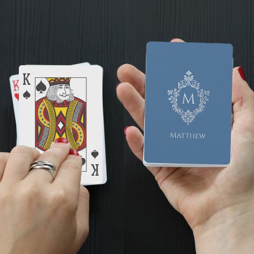 Classic Blue Monogram  Name Elegant Vintage Crest Poker Cards