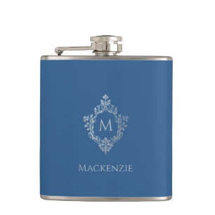 Classic Blue Monogram Name Vintage Crest Initial Flask