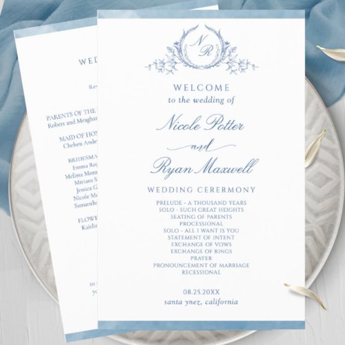 Classic Blue Monogram Watercolor Wedding Program