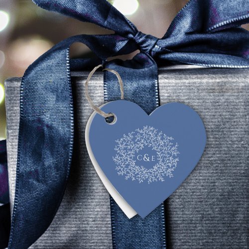 Classic blue monogram white custom wedding heart favor tags