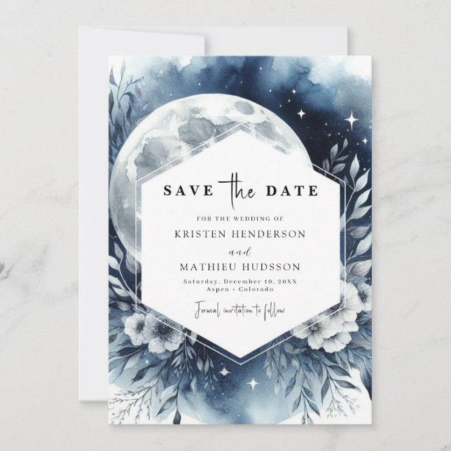 Classic Blue Moonlit Wedding Save The Date (Front)