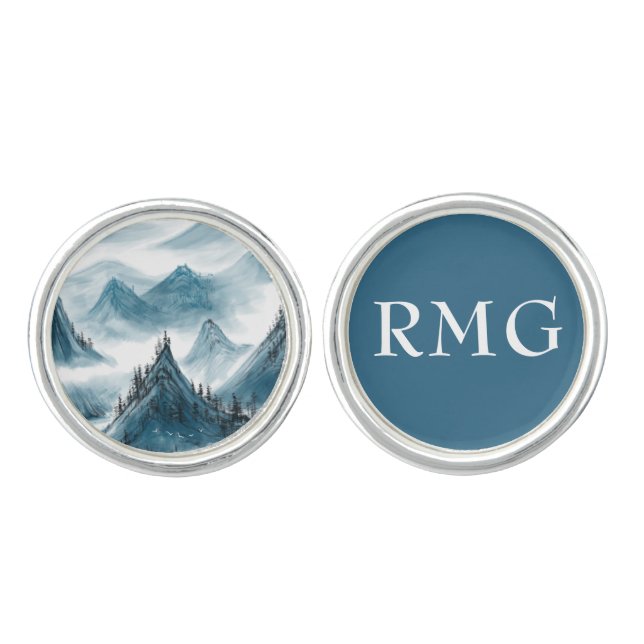 Classic Blue Mountains Painting Monogram Initials Cufflinks (Front)